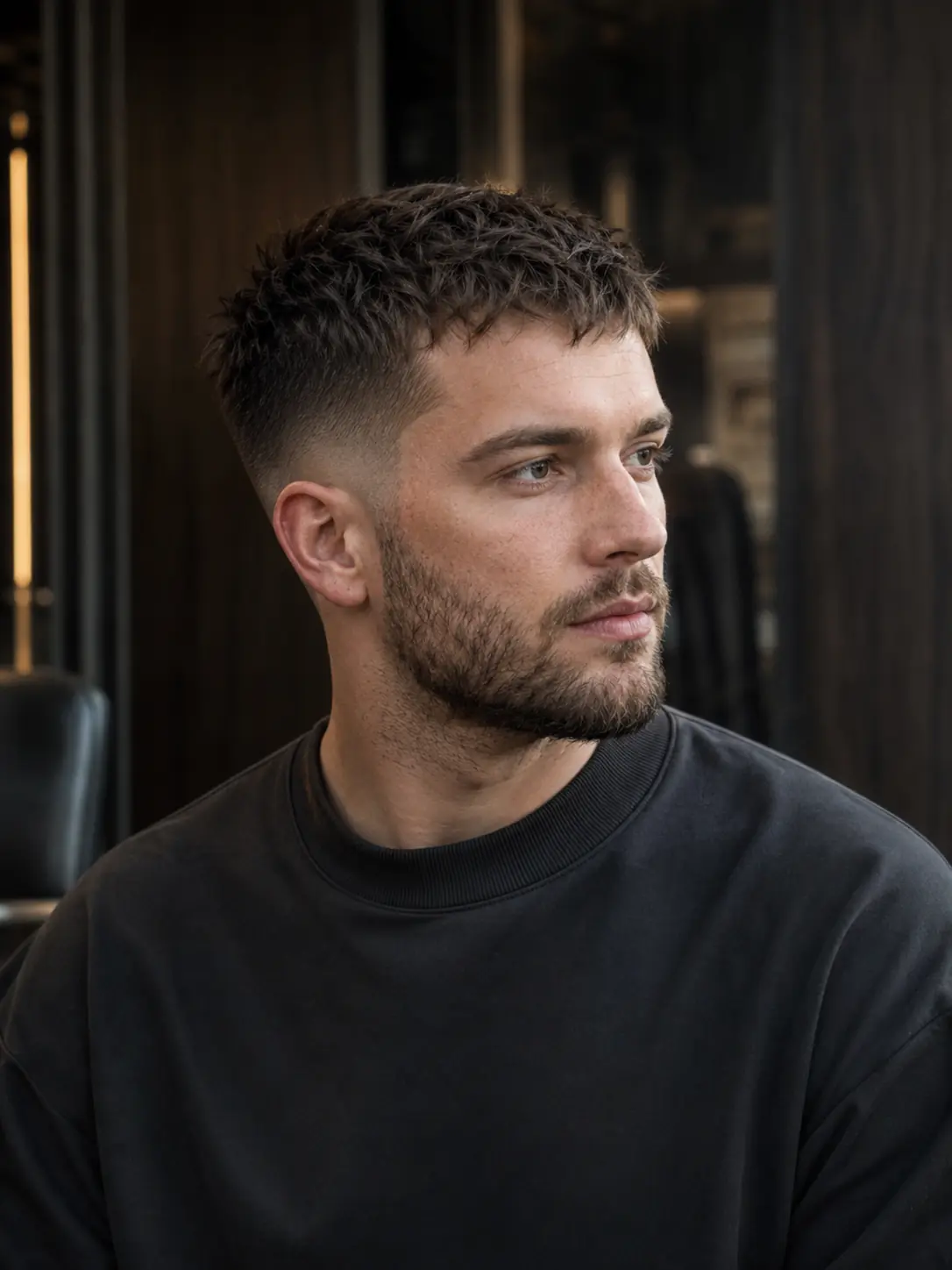 Moderner Textured Crop mit Low Taper Fade und kurzem Bart