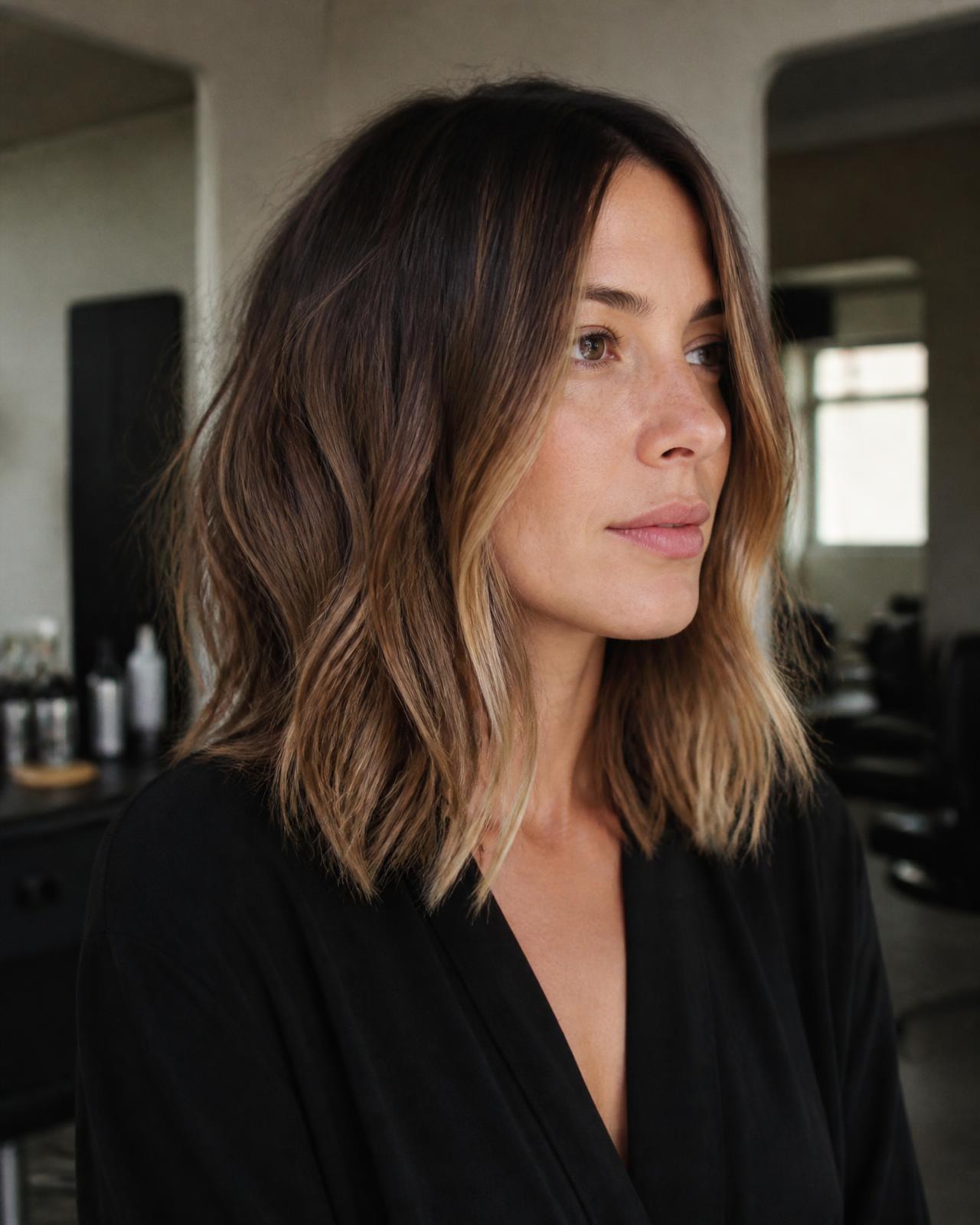 Damenlook mit Long Bob und Balayage